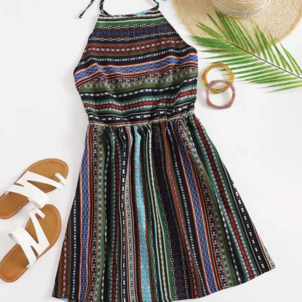 SHEIN Tribal Print Tie Back Halter Dress